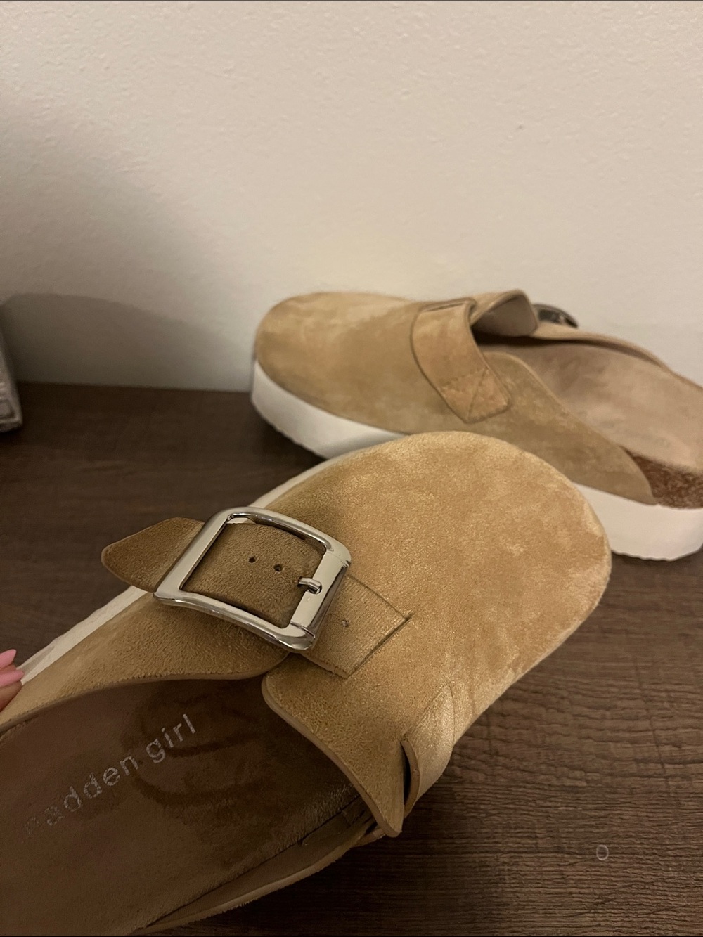 Madden Girl Tan Suede Platform Mules with Silver Buckle
